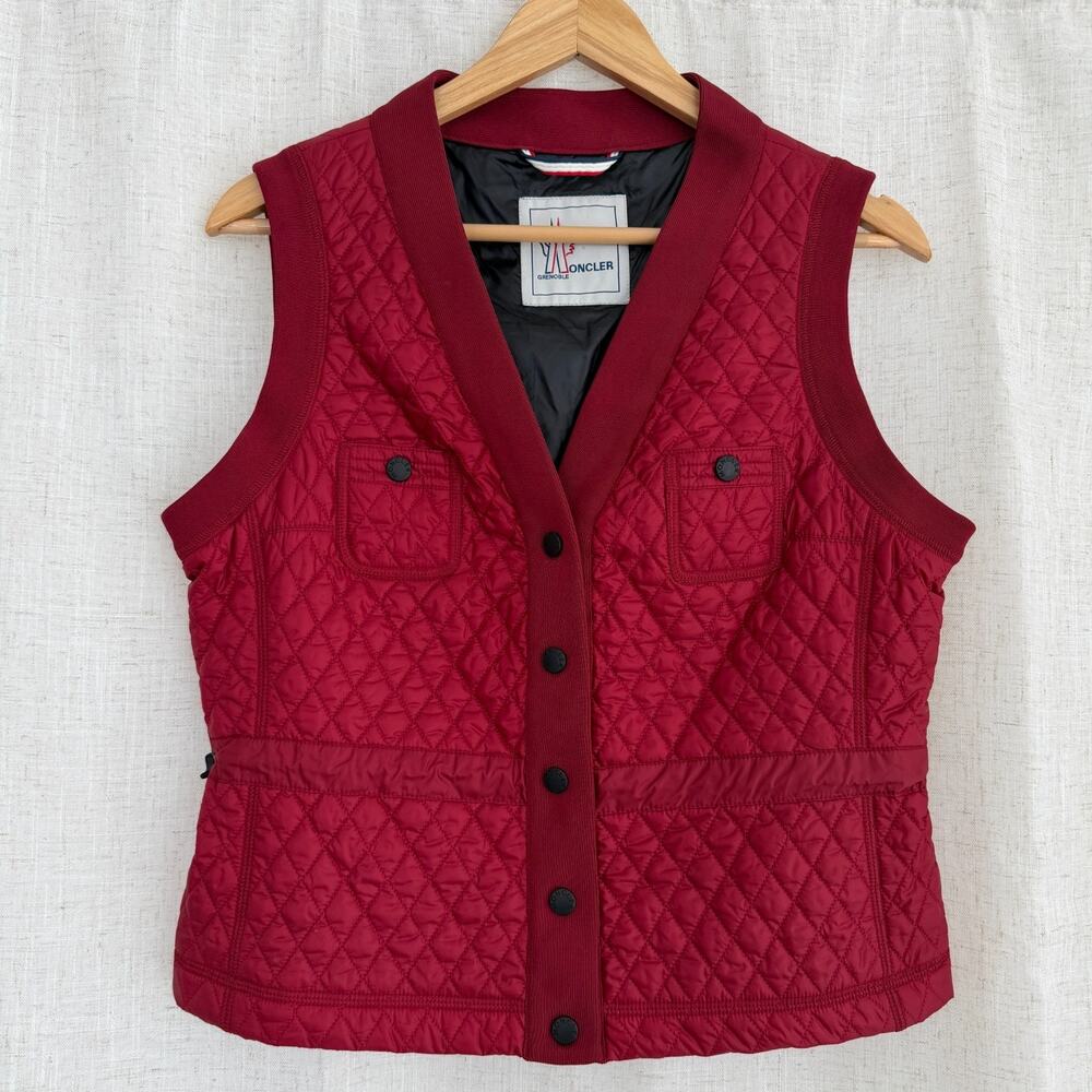 Moncler Vest 3 Large Red Quilted Snap Button Light Weight Gilet Preppy Old Money